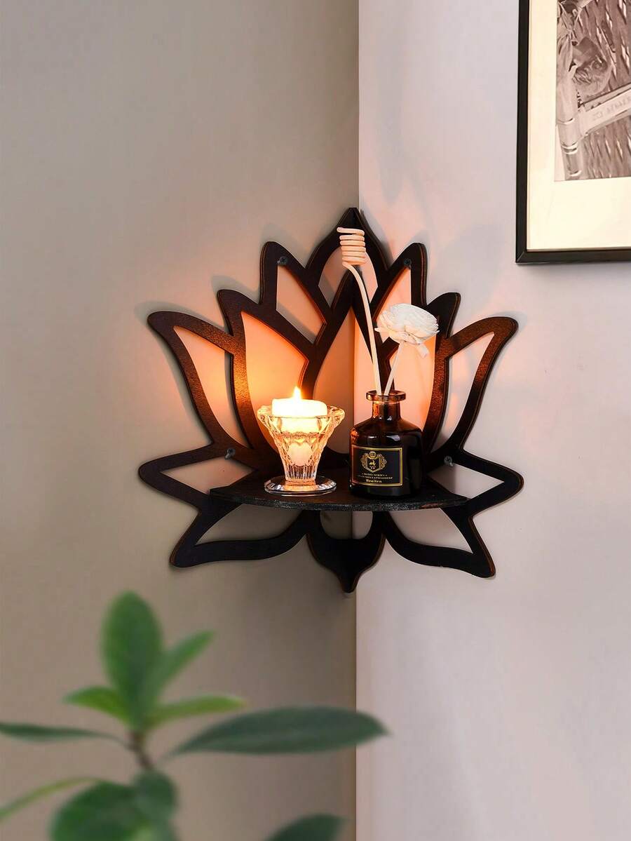 1pc/2pcs Simple Creative Wall Mount Display Rack (Hooks Included), Black Minimalist Butterfly & Lotus Decorative Wall Hanging, DIY Assembly Wooden Small Storage Rack