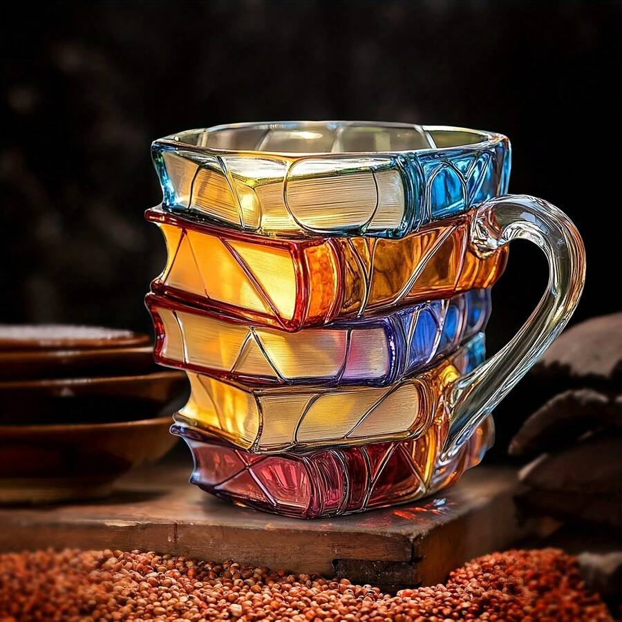 1 件彩色彩绘书杯，新奇 3D 彩绘书咖啡杯，独特的彩色玻璃书堆咖啡杯，送给读者、图书管理员、文学爱好者的礼物