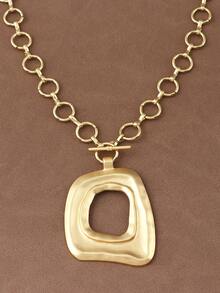 SUPBORA 1pc Fashion Matte Gold/Silver Color Asymmetrical Open Hollow Square Shape Pendant Chunky Chain Statement Necklace Suitable For Women's Daily Wear 18" - Matte Gold - View 2