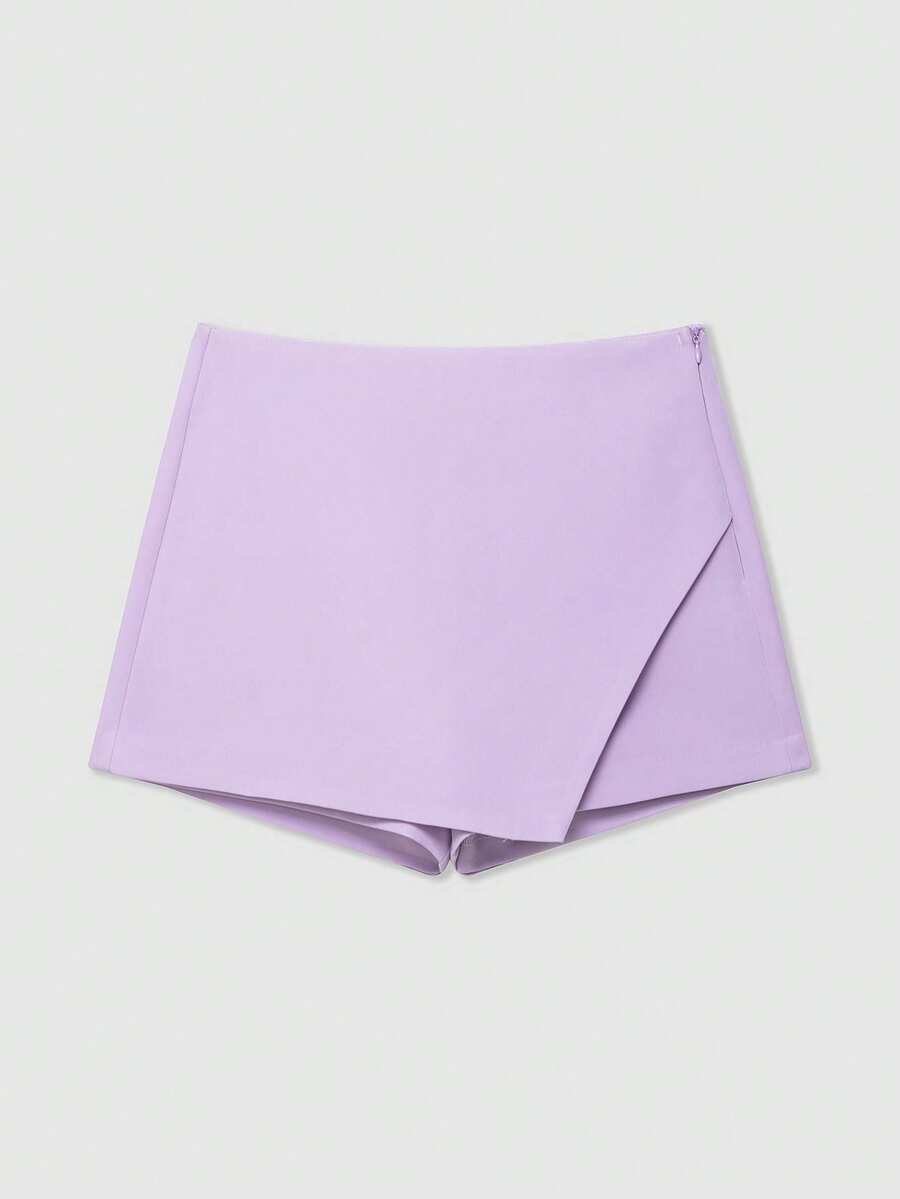 女士时尚休闲纯色不对称裹身短裤裙，简约时尚裙裤 - 紫羅蘭色 - 查看 1