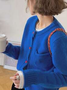 tonlion Tonlion Women's Casual Minimalist Korean Style Contrast Color Button Design Round Neck Sweater Cardigan, Autumn/Winter