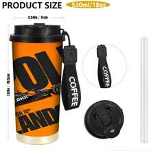 1pc 530ml Stainless Steel Insulated Coffee Mug With Leak-Proof Lid And Shoulder Strap F1 Racing Design, Bright Orange And Black, Reusable Coffee Tea Smoothie Cup Perfect Gift For Motorcycle Sports Fans, Christmas Gift First, Portable Outdoor Sports Water Bottle.