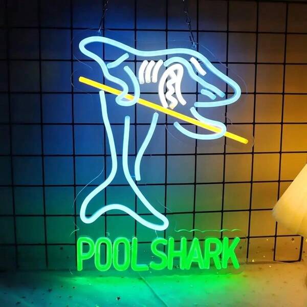 Polished Metal Finish Neon Sign - Pool Shark Billiards Game Room Wall Decor, USB Powered, Switch Controlled, Plastic, Azure & Green Light For Pub, Club, Garage – Multipurpose Hanging Neon Bar Light