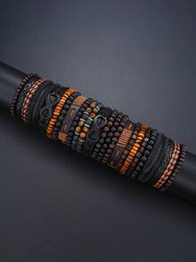 24pcs Vintage Casual Men Beaded PU Leather Bracelet Set, Suitable For Boys Daily Outing, Sports, Casual Wear, Accessories, Gift For Boyfriend - 24-piece Set-6342202 - View 3