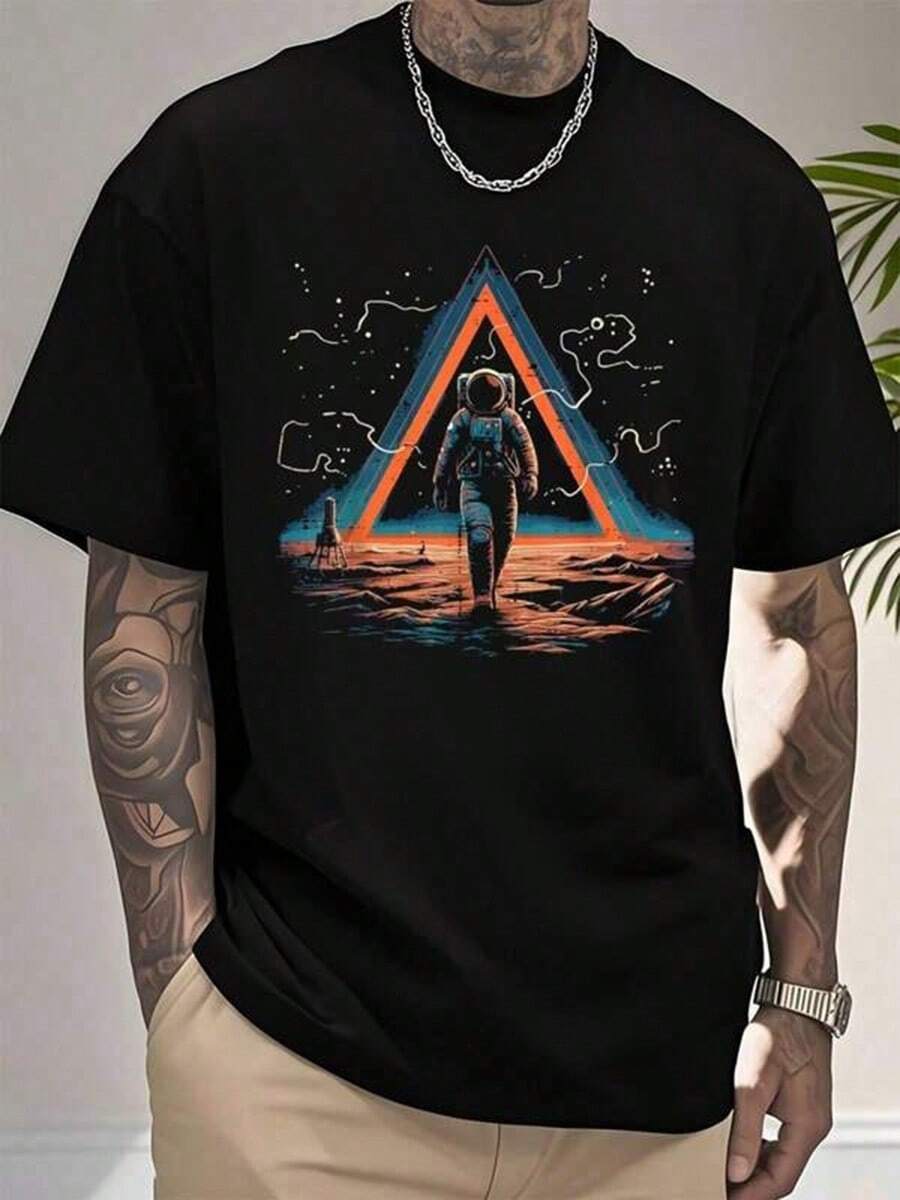 Astronaut Space Triangle Art Spaceman Abstract Men Women Kid T-Shirt Cotton Summer Men's Short Sleeve Tops T-Shirt Vintage Shirts Graphic Tees Men Camisas Para Hombre Funny Shirts Printed & Shipped In USA - 黑色 - 查看 1