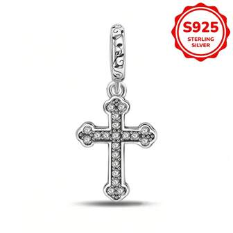 1pc 925 Sterling Silver Classic CZ Cross Charm Pendant, Suitable For Daily Wear By Women