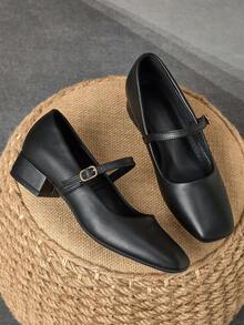 Mary Janes Coffee Square Toe 3cm Heel Pump Shoes, Suitable For Work, Commute, Social Gatherings, Retro Black, Fashionable Beige Casual Shoes - Black - View 1