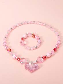 Set de 2 piezas de collar y pulsera con cuentas y colgante de corazón para niñas, elegante regalo para fiestas y uso diario de niñas