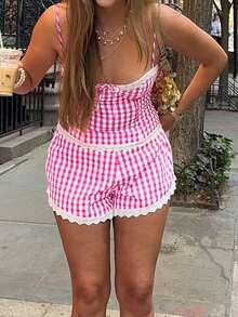Mujeres 2 piezas de pijamas conjunto estampados cuadros encaje adornos camisola y pantalones cortos elásticos para ropa de salón ropa de dormir suave - Rosa Fucsia - Ver 5