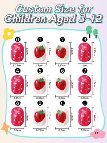 NAIO 24pcs False Nails Kids Girls Press On Short Artificial False Nails Cute Pre Glued Full Coverage Acrylic Nail Tips Set Suitable For Children Little Girls Nail Decoration (Strawberry Girl)
