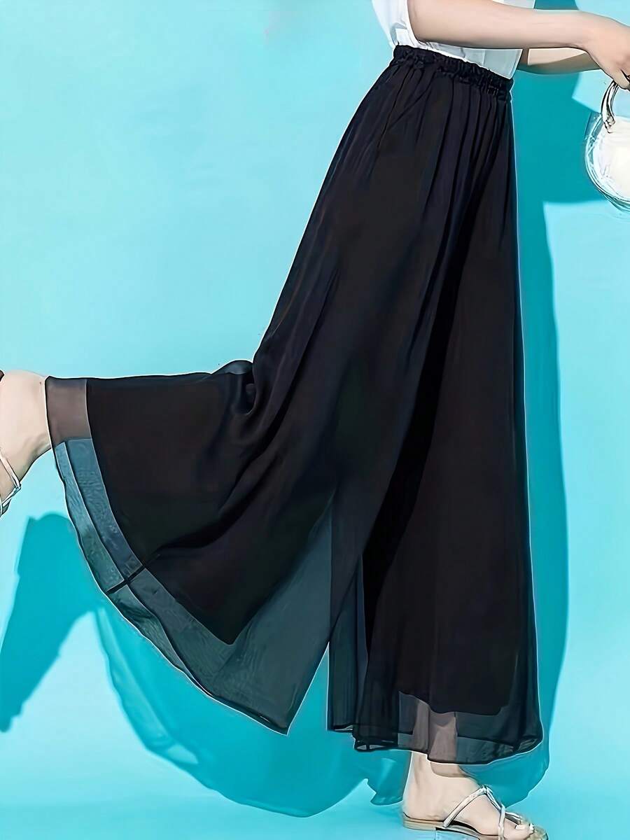 (If You Run Smaller, We Recommend Ordering A Larger Size) 2025 Women's Lightweight Loose Summer Chiffon Pants, Pocketless Design, Comfortable Casual Plus Size Elastic Waistband Fashion Pants, Simple Solid Color, Elegant Temperament, Suitable For Summer Commuting And Outings - Black - View 1