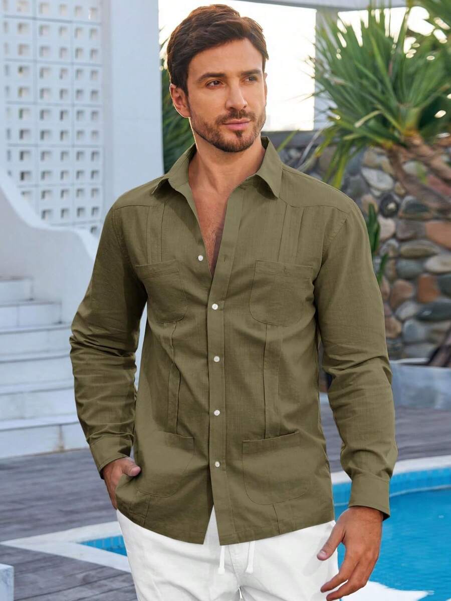 Runcati Mens Guayabera Linen Shirts Long Sleeve Button Down Casual Summer Beach Shirt Tops - 軍綠色 - 查看 1