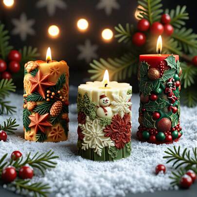 1pc Christmas Cylindrical Scented Candle Silicone Mold DIY Snowflake Pinecone Berry Cute Candle Handmade Soap Resin Gypsum For Christmas Party Decoration And Creative Handmade Gifts