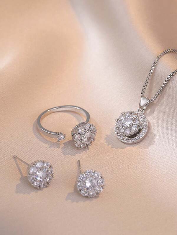 4pcs Silver-Color Minimalist Cubic Zirconia Decorated Earrings, Necklace, Ring Jewelry Set