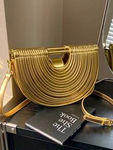 时尚绳编女包、单肩斜挎结构包、意大利面包、半圆形竹编包、流行晚宴包 - 金色 - 查看 2