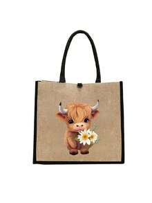 迷人的苏格兰高地牛主题印花亚麻手提包和化妆包，印有捧花小牛图案，零钱包，拉链包，个性礼品包，卡通趣味多功能手提包，黄色亚麻黑色手提包配黑色扣，购物袋 - 彩色 - 查看 12