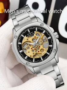 BaGoLee 1pc Men's Mechanical Watch, Hollowed-Out Design Showcasing Mechanical Structure, Self-Winding Accurate Timekeeping, Reliable Waterproof, Comfortable Wear, Versatile For Any Occasion, Suitable For Any Man