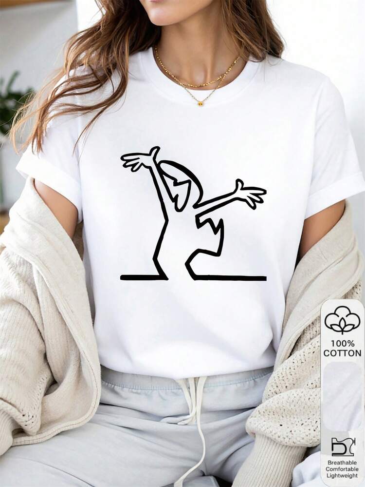 1 件 100% 纯棉四季欧美时尚女士圆领 T 恤。女士图案 T 恤带有欢快的线条艺术人物印花，休闲圆领短袖上衣，适合夏季风格完美的节日礼物、生日礼物，适合日常穿着。 - 白色 - 查看 1