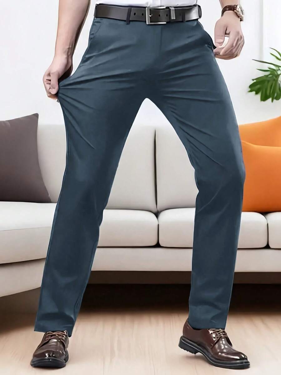 男士经典设计长裤，纯色弹力正装裤，适合春夏季商务场合，复古奢华风格 - 深灰色 - 查看 1