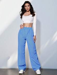 Pantalones anchos con cordón flojo de rayas para adolescentes - Azul - Ver 3