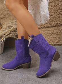 2025新款复古波西米亚刺绣装饰秋冬西部靴，百搭优雅蓝色个性化户外街头风格靴