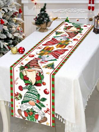 1pc 35*180cm/13.78*70.87inch Christmas Polyester Tablecloth, Cute Gnome Pattern Red And Green Striped Holiday Table Cover Decor Cloth For Christmas Dinner Party, Suitable For Living Room, Kitchen, Gathering, Party, Home Christmas Decoration