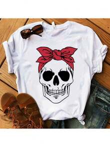 Women's Skull Bow Blouse T-Shirt 100% Cotton Mesh Premium Line - White - View 1