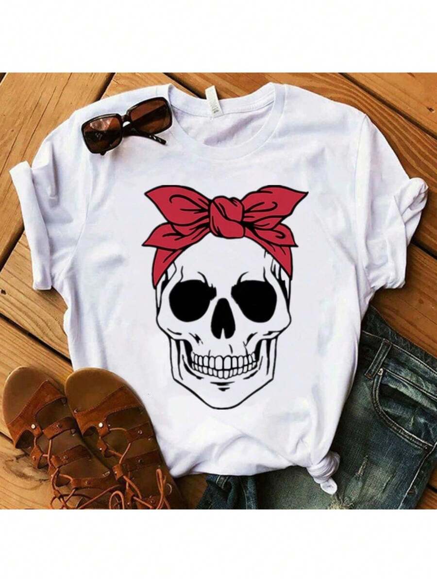 Women's Skull Bow Blouse T-Shirt 100% Cotton Mesh Premium Line - White - View 1