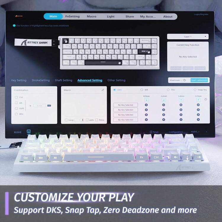 ATTACK SHARK X68 HE Teclado Mecânico Gamer 60% com Fio, Switch Magnético Hall Effect com Ativação Rápida, Driver Ajustável, Taxa de Polling de 8KHz, Retroiluminação RGB, Montagem Superior, Keycaps com Impressão Lateral - Linhas de contorno brancas - Visão 5