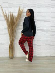 Long Pajamas Plain Shirt Red Plaid Pants - Nhiều màu - Xem 4