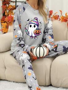 Women Halloween Pajama Set, Ghost Print Long Sleeve T-Shirt With Pants Sleepwear Loungewear - 淺灰紫 - 查看 4