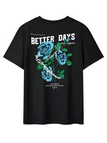 Camiseta casual de manga corta con cuello redondo para hombre con estampado de letras y personajes de dibujos animados