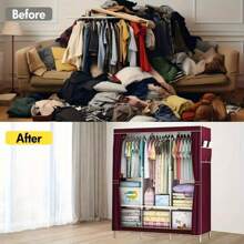 Armario a prueba de polvo de múltiples colores y estilo sencillo para el hogar, dormitorio y alquiler, de ensamblaje resistente, armario de tela sencillo, organizador de almacenamiento y ropa premium, armario de tela grande. 1 pieza Armario doble grande reforzado con marco de metal y tubos de acero engrosados - Fácil de montar, amplio almacenamiento para el hogar y propiedades de alquiler, armarios portátiles