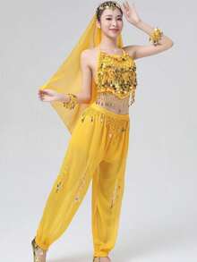 Women's Style Sparkling Belly Dance Three Pieces Set: Sequined Top + Lantern Pants + Headscarf Set For Halloween Carnival Party Stage Performance Costume
