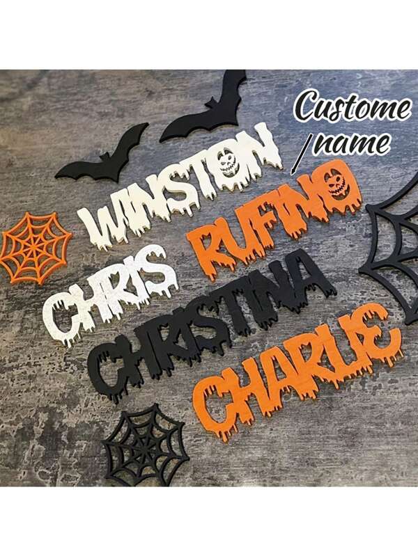 1pc Personalized Desktop Name Tags, Halloween Wooden Party Desktop Tags, Halloween Bleeding Text Desktop Tags, Party Name Tags, Exquisite Artworks, Wooden Halloween Seat Cards, Halloween Party Desktop Decorations