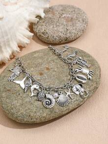 1pc Creative Multi-Element Necklace With Dolphins, Fish Tails, Crabs And Seashells, Faux Pearl Decor, For Women - Antique Silver - View 2