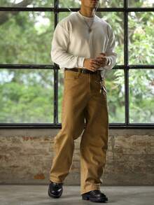 男士加厚华夫格针织宽松落肩长袖T恤小立领休闲打底衫美式复古风秋季 - 杏色 - 查看 5