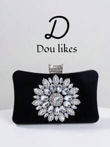 Women's Fashion Black Velvet Evening Clutch, Romantic Wedding Handbag With Luxurious Sequin Decor, Formal Party Bag, Bridal Purse With Detachable Shoulder Strap