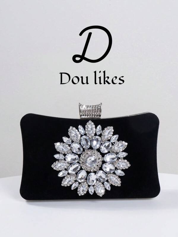 Women's Fashion Black Velvet Evening Clutch, Romantic Wedding Handbag With Luxurious Sequin Decor, Formal Party Bag, Bridal Purse With Detachable Shoulder Strap