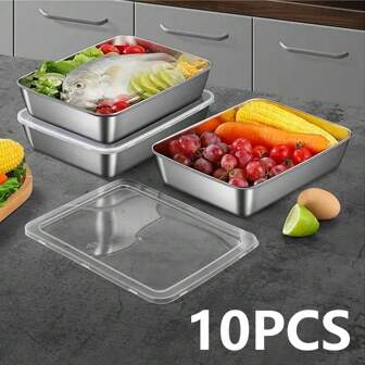 10 PIEZAS Recipientes de almacenamiento de alimentos de acero inoxidable con tapa transparente, aptos para microondas, diseño abatible, cuadrados, apilables, adecuados para carne, ensalada, fruta, verdura, almacenamiento de alimentos, organización de cocina, adecuados para conservación en refrigerador, contenedor de preparación de comidas múltiples, equipo para exteriores, uso escolar, herramienta de almacenamiento de cocina ideal para uso doméstico y al aire libre
