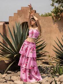 Faeriesty BohoBloom 波西米亚风女士两件套：荷叶边吊带背心和多层长裙 - 适合海滩度假、周末休闲、野餐、夏日漫步 - 西瓜粉 - 查看 8