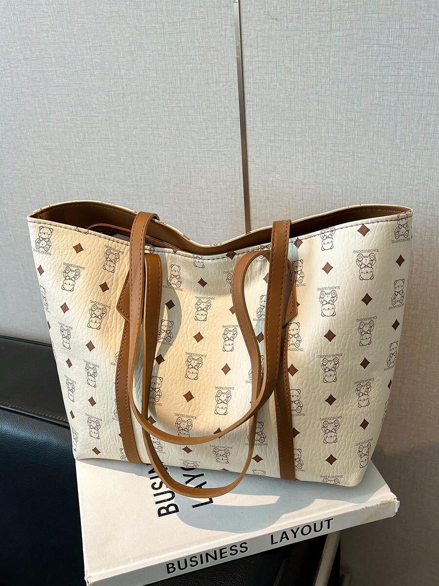 休闲大容量菱形图案蝴蝶结托特包，简约时尚手提包，2025年新款 - 白色 - 查看 1