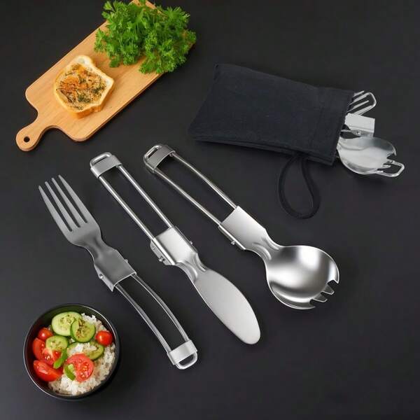 REDSUN CJ001W 304 Stainless Steel Portable Tableware Set, Foldable Knife/Fork/Spoon, Includes Waterproof Pouch, Suitable For Camping & Outdoor