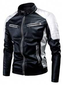 Men's Zipper Closure Long Sleeve Fitted Casual PU Leather Biker Jacket,Men's Stand Collar Leather Jacket Fall Color Block Motor Biker Jacket Full Zip Outerwear Coats ,For Boyfriend