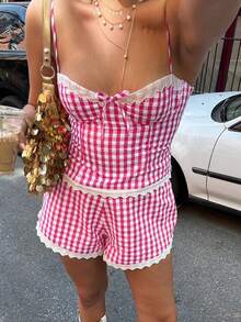 Mujeres 2 piezas de pijamas conjunto estampados cuadros encaje adornos camisola y pantalones cortos elásticos para ropa de salón ropa de dormir suave - Rosa Fucsia - Ver 3