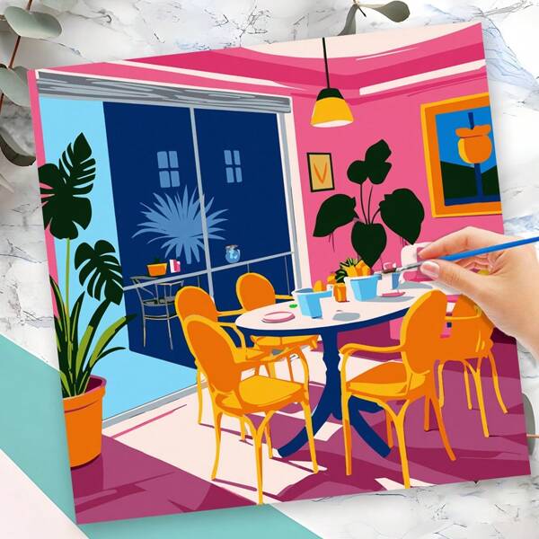 Pintura por número Escena de interior colorida y vibrante Arte en lienzo Comedor moderno y elegante Pintura al óleo digital DIY para decoración del hogar