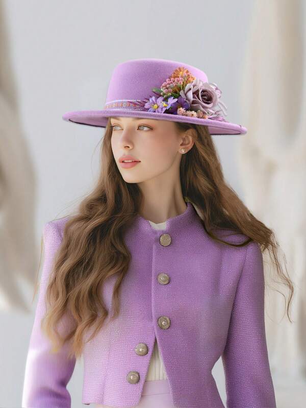 1pc Women's Small Flat Top Western Cowboy Hat Top Hat Floral Hat Party Purple Rose Flower Decoration Suitable For Daily Wear