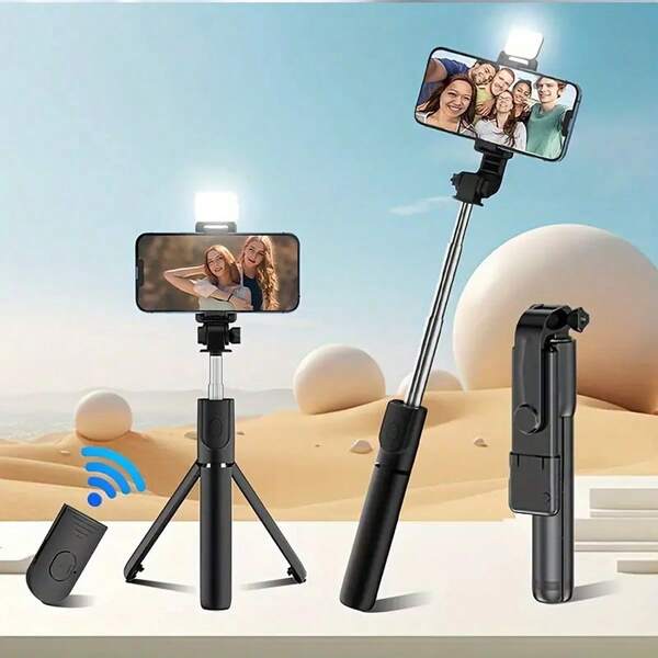Palo selfie extensible para teléfono con luz de relleno incorporada. Palo selfie telescópico para teléfono con luz incorporada. Control remoto inalámbrico. Trípode giratorio de 360° para smartphone. Ideal para senderismo, viajes, vlogs y actividades al aire libre. Compatible con iPhone y Android.
