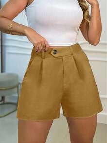 Shorts femininos elegantes e casuais de verão, cor sólida, pernas largas, cintura alta, azul-marinho, cintura marcada, bolso lateral com botões, shorts casuais versáteis, adequados para uso diário, deslocamento, atividades ao ar livre e feriados - Marrom - Ver 4