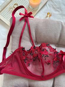 Valentine's Day Women's Romantic, Sexy And Charming Red Lace Flower Embroidery Lingerie Set - 酒紅色 - 查看 3